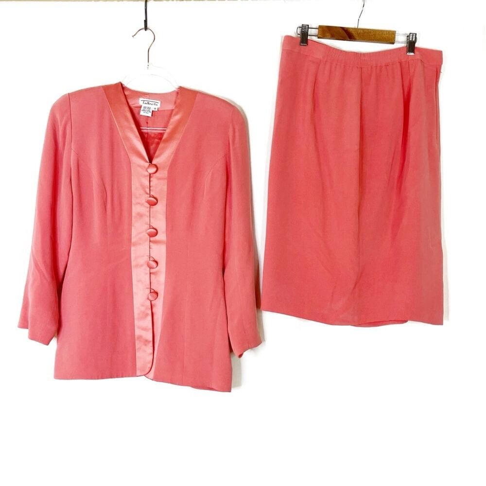 Talbots Vintage 100% Silk Watermelon Coral Blazer & Skirt Set Button Womens 8